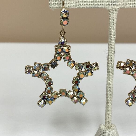 Gold Aurora Borealis Rhinestone Large Star Dangle Earring - Picture 3 of 7